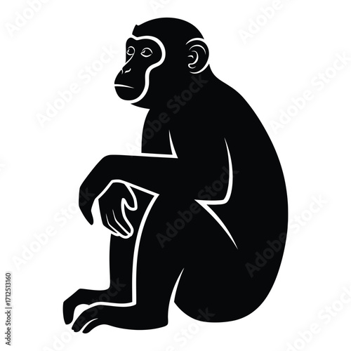 Silhouette of a chimpanzee sitting down wildlife animal art isolated silhouette