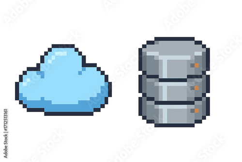 Pixel art cloud and server icon. 8-bit database symbol. Concept of cloud computing, data storage, web hosting, network technology. Retro game asset. Vector illustration.