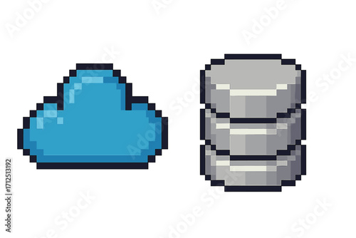 Cloud computing and database pixel art icon set. Retro 8-bit style server symbol. Concept for data storage, web hosting, network infrastructure, information technology system.