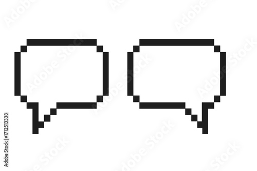 Pixel art speech bubble set. 8-bit retro video game style chat icon. Vector graphic for dialogue, communication, message, or comment. Empty text box for comics or discussion.