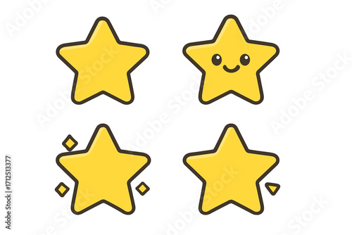 Cute star icon set. Vector cartoon collection of yellow stars. Kawaii character with smile, shiny sparkling star, and simple favorite shape. Flat design elements for rating.