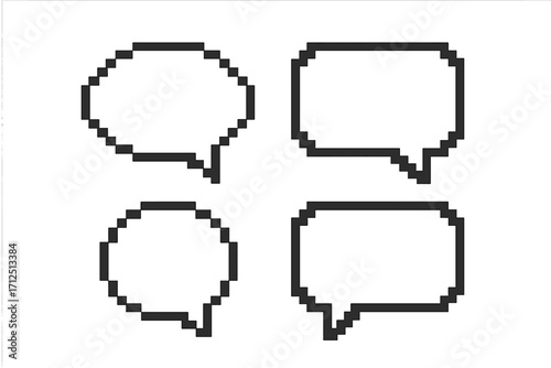 Set of pixel art speech bubbles. Retro 8-bit video game assets for chat, message, or dialogue. Empty comic thought bubble icons. Vector communication graphic elements.