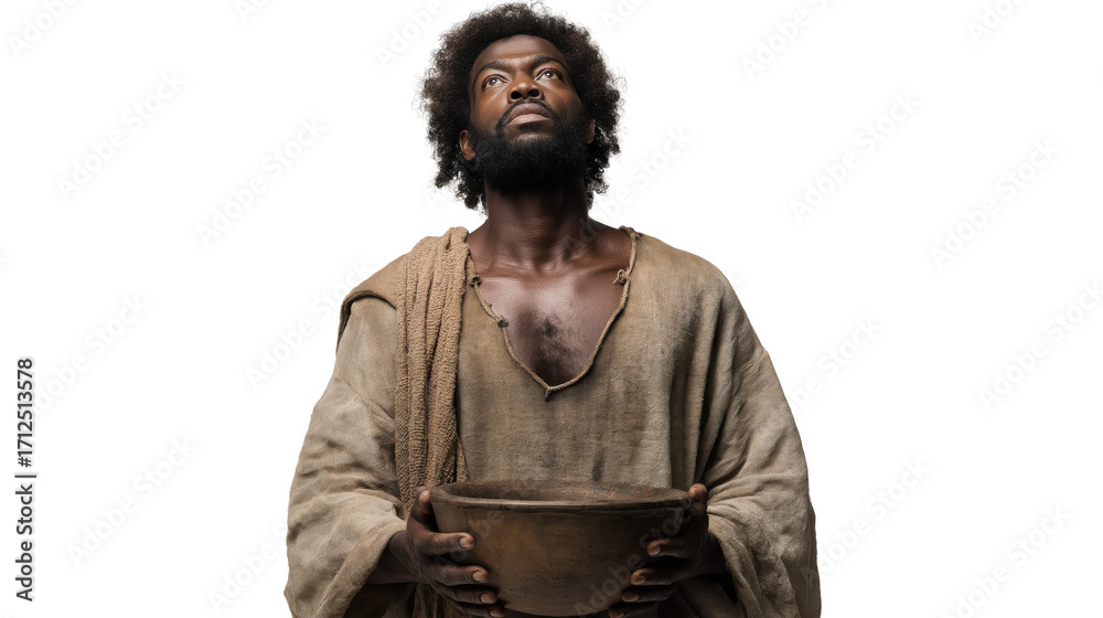 Obraz premium Simon full body on transparent background, standing with healed skin and looking upward in gratitude, symbolic New Testament biblical healing miracle isolated PNG.