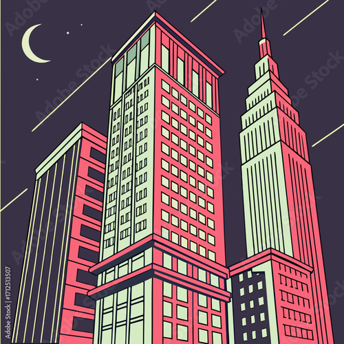 Illustration of city buildings at night with a crescent moon in the sky