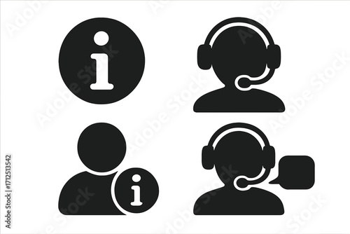 Customer support icon set. Call center operator, help desk, and information symbols. Vector graphic for online assistant, telemarketing, contact us, and user support concepts.