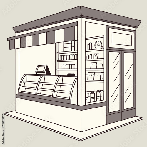 Illustration of a small kiosk with display case and awning