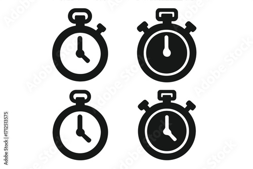 Set of timer and stopwatch icons. Vector silhouette illustration of chronometers. Clock symbol for time management, deadline, speed, countdown, and measurement concepts.