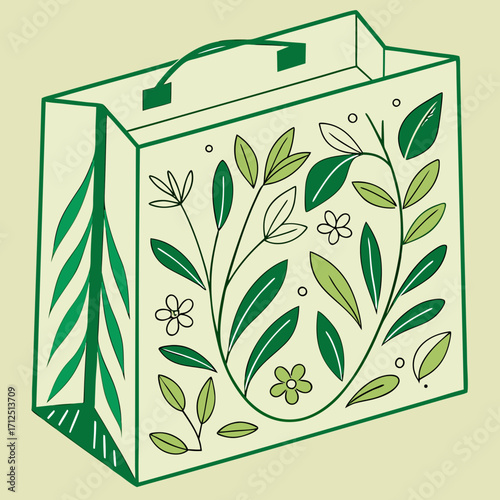 Illustration of a green shopping bag with floral design
