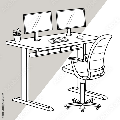 Illustration of a desk with two monitors and a chair