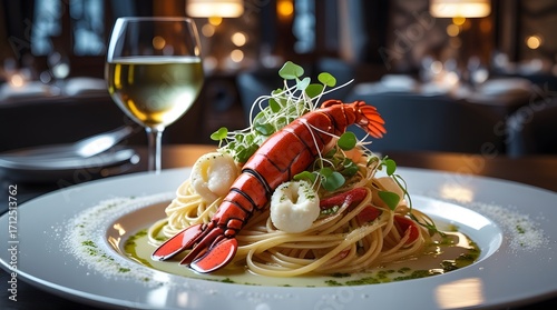 A decadent haute cuisine dish featuring tender spaghetti tossed with succulent lobster, creamy buffalo stracciatella cheese, and microgreens