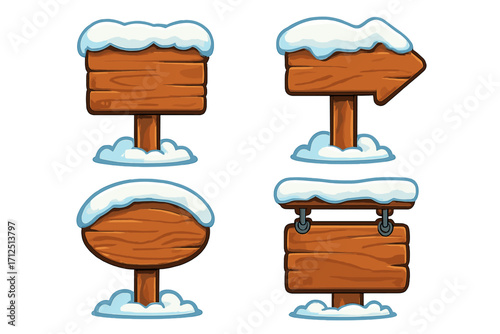Cartoon wooden signs set with snow. Winter vector collection of empty wood signboards, information plaques, and direction arrows for holiday messages. Christmas game UI elements.