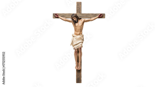 Jesus Christ on the cross full body on transparent background, crucifixion scene, New Testament biblical figure isolated PNG.