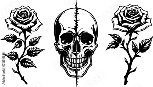 Skulls and Roses Vector – Gothic Tattoo Style Illustration