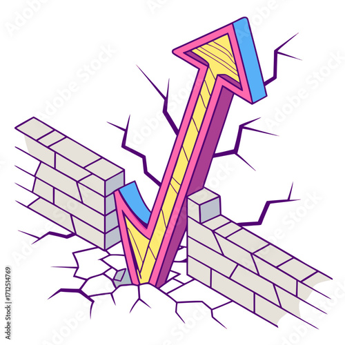 Arrow breaks through brick wall, symbolizing success and overcoming obstacles