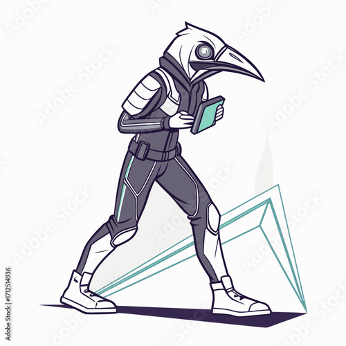 A futuristic plague doctor is holding a tablet