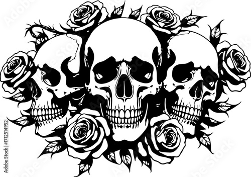 Triple Skull and Roses Illustration"