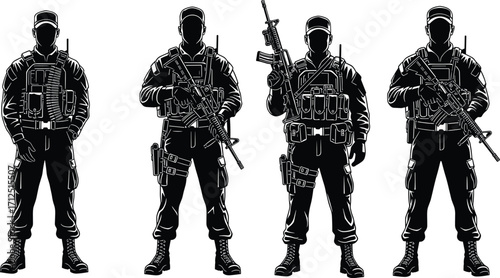 Armed soldier silhouette set, tactical gear, rifle poses, military readiness, combat stance, vector illustration, black style, isolated on white background