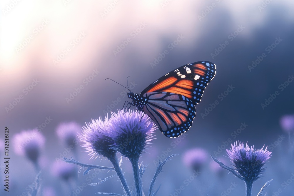 Obraz premium A monarch butterfly resting on a purple thistle flower in a field, bathed in gentle sunlight.