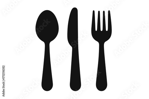 Cutlery icon with spoon, knife, and fork. Restaurant menu symbol for food and dining. Kitchen tableware concept. Flatware silhouette for dinner, lunch, and breakfast sign.