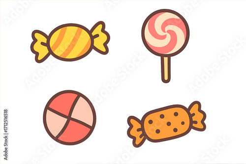Set of colorful candies. Lollipop, bonbon, caramel sweets collection. Vector cartoon illustration for a candy shop or dessert menu. Flat design graphic elements isolated.