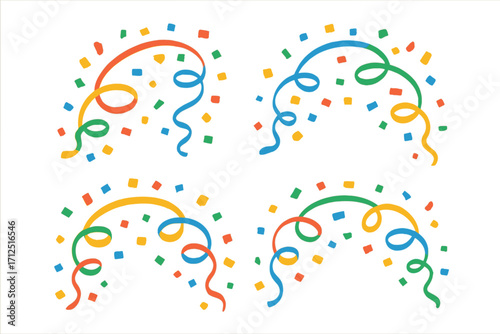 Confetti burst and ribbons popper set. Colorful party and celebration vector illustration. Festive design elements for birthday, new year, holiday, or carnival surprise.