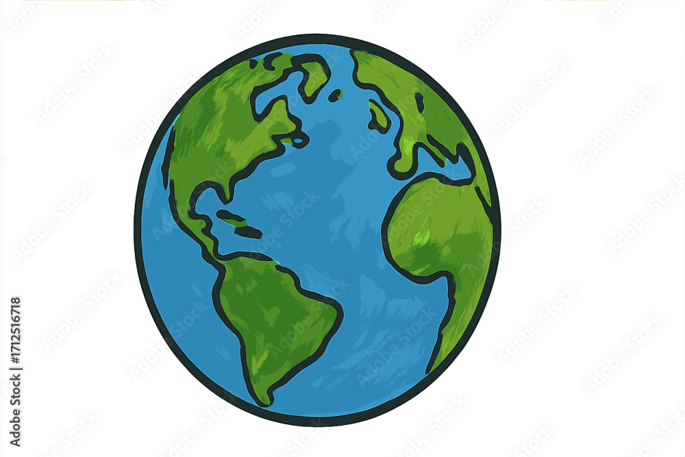 Naklejka premium Hand-drawn planet Earth vector illustration. Cartoon globe icon with gouache paint texture. World map concept for ecology, environment, and Earth Day. Global travel symbol.