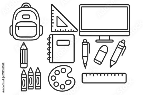 Education line icon set. Back to school concept with stationery supplies. Vector linear illustration of backpack, computer, pen, pencil, ruler, notebook, palette and crayons.