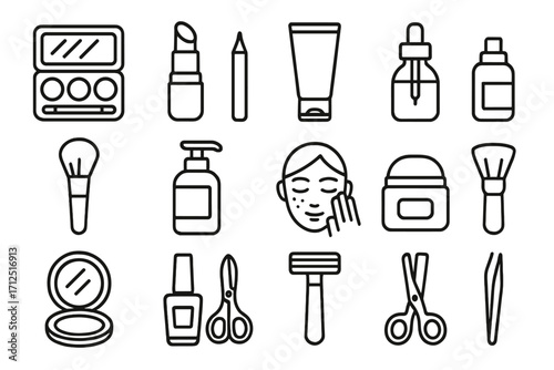 Beauty icons set. Makeup, skincare and grooming outline symbols. Vector illustration of cosmetic products. Lipstick, cream, brush, razor, nail polish, powder, serum, tweezers