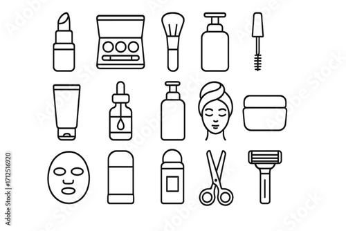 Beauty icons set. Linear collection of makeup, cosmetic, skincare symbols. Vector line art for spa, salon, grooming products. Lipstick, mascara, cream, serum, razor pictogram.