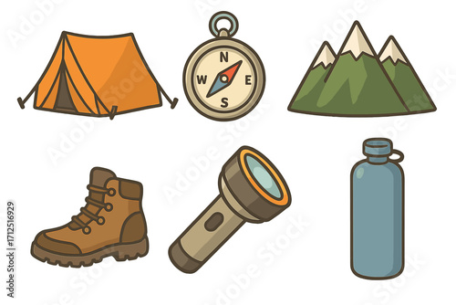 Camping and hiking equipment icon set. Vector cartoon illustration of essential adventure gear including a tent, compass, mountains, boots, flashlight, and water bottle.
