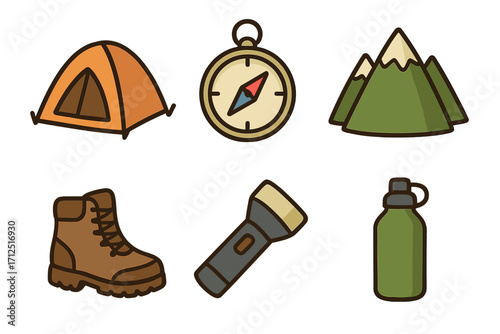 Camping and hiking essentials icon set. Vector clip art collection with tent, compass, mountain, boot, flashlight, water bottle. Outdoor adventure and travel symbols.