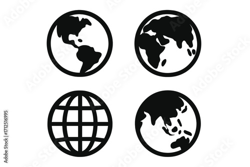 Globe icon set. Earth planet symbol collection. World map vector illustration. Global travel and business concept. Simple flat silhouette for web, internet and graphic design.