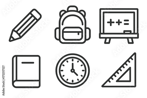 School and education linear icon set. Back to school concept with essential supplies like pencil, backpack, chalkboard, book, clock, and ruler. Vector graphic element collection.