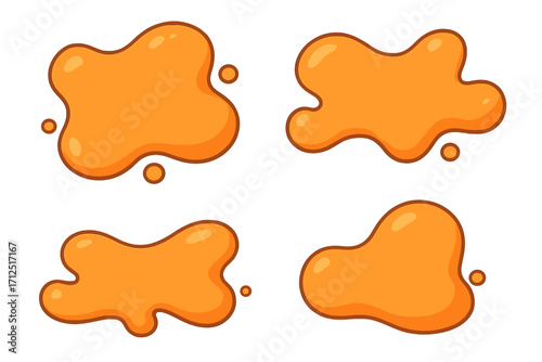 Liquid shape element set. Organic forms vector. Cartoon illustration of abstract honey, syrup, or caramel sauce drops, puddles, splats. Glossy orange paint or slime blob.