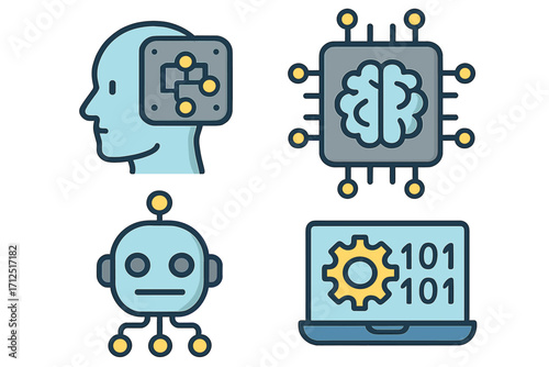 Artificial intelligence icon set. Machine learning, deep learning concepts. Robot head, brain chip, data algorithm and binary code symbols. Future technology vector illustration.