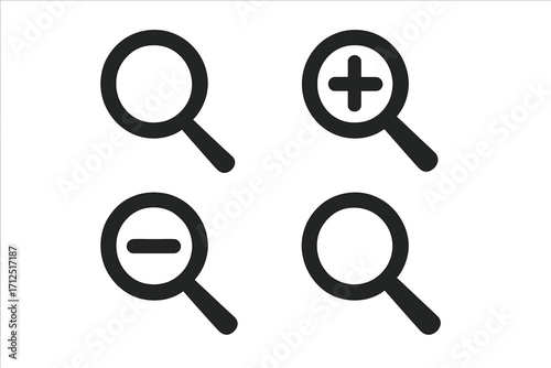 Magnifying glass icon set. Zoom in, zoom out, and search symbols. Loupe with plus and minus signs for magnification. Simple flat vector silhouette for user interface design.