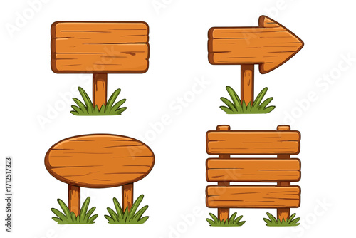 Wooden signs set. Cartoon vector of empty wood signboards, rustic billboards, and arrow pointers. Game assets or banners for information. Blank templates with grass.