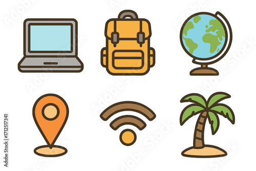 Digital nomad and remote work icon set. Vector travel essentials collection with laptop, backpack, globe, location pin, wifi and palm tree for vacation and business travel.