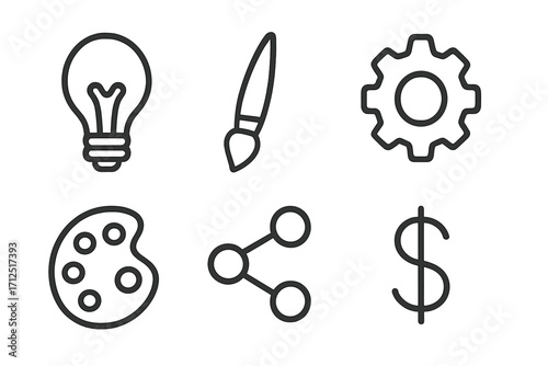 Creative process icon set. From idea and design to development and monetization. Workflow concept with light bulb, gear, palette, share, and dollar sign. Line art vector.