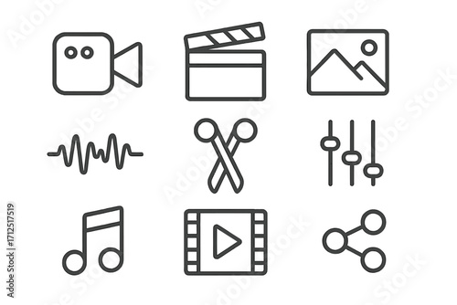 Multimedia linear icon set for video and audio editing. Vector collection of minimalist symbols for photo, music, and movie making. UI elements for app interface, sharing.