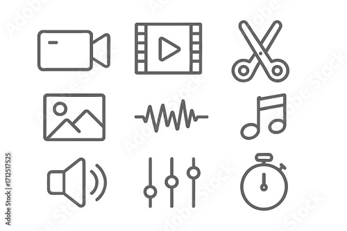 Multimedia line icon set for video and audio editing apps. Minimalist vector symbols for user interface design. Post production signs like camera, film, cut, sound, music.