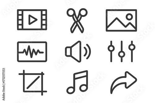 Multimedia editing icon set. Linear icons for video and audio editor, photo sharing app. Vector symbols for cut, crop, music, volume, and settings. UI UX elements for web design.