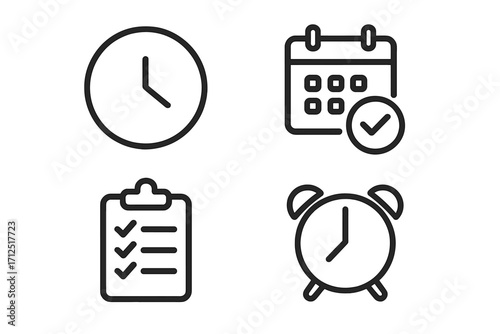Time management vector icon set. Minimalist outline symbols for business organization, productivity, planning, schedule. Clock, calendar, checklist, and alarm pictogram collection.