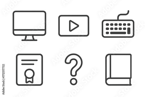 E-learning and online education line icon set. Webinar, tutorial, digital course concepts. Computer, keyboard, certificate, book, and question mark symbols for knowledge.