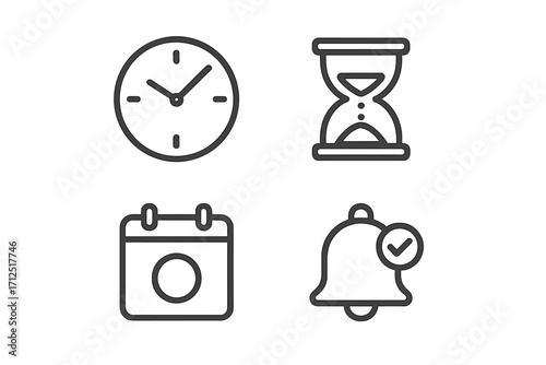 Time management icons set. Minimalist linear design with clock, calendar, hourglass, and notification bell. Vector symbols for productivity app and web UI design.