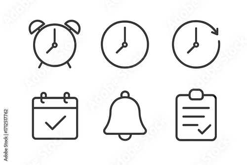 Minimalist time and reminder icons set in linear design. Vector collection of clock, alarm, calendar, and notification bell symbols for productivity apps and UI/UX design.