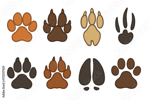 Animal paw prints vector set. Collection of different tracks like dog, cat, wolf, tiger, bear. Footprint trail icons. Wildlife and domestic pet animal step silhouette pack.