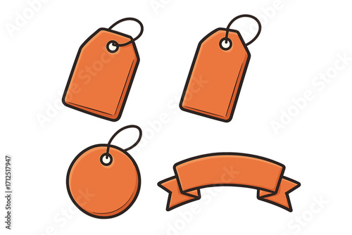 Collection of orange price tags and a ribbon banner for commercial use. Vector cartoon illustration for sales and discounts. Blank labels for retail store promotion design.