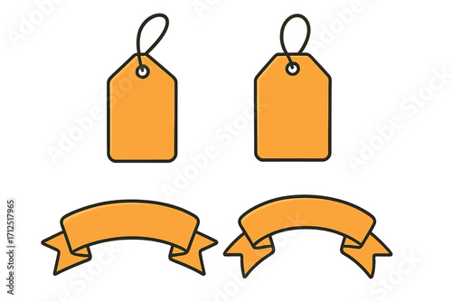 Set of orange price tags and ribbon banners. Vector cartoon illustration for retail, sale, and promotional design. Blank labels and badges for shopping and marketing.
