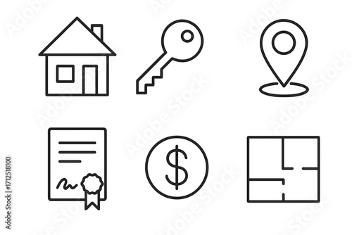 Real estate line icons set. Home, key, location, contract, dollar, and floor plan symbols. Property buying, selling, and mortgage vector elements. Thin line style.